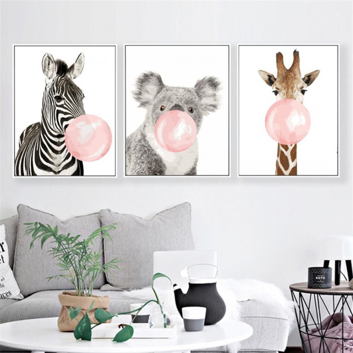 Oil painting simple modern animal blowing bubbles hand-painted oil painting decorative painting digital oil painting triplets 40*50 stretch frame blowing bubbles zebra