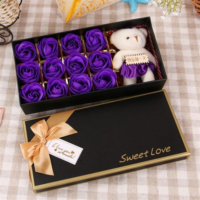 Soap flower holiday gift rose soap flower bear box 12 + bear 12 purple + bear