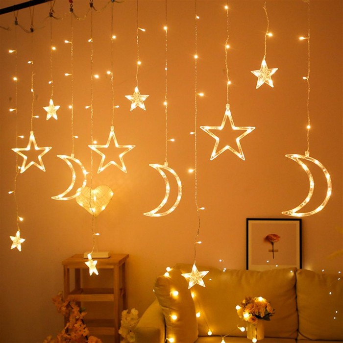 Star-moon lamp curtain lamp star lamp 2 room decoration led lights flashing lights string lights all over the sky star net red star - plug (European rules round plug knob controller) color
