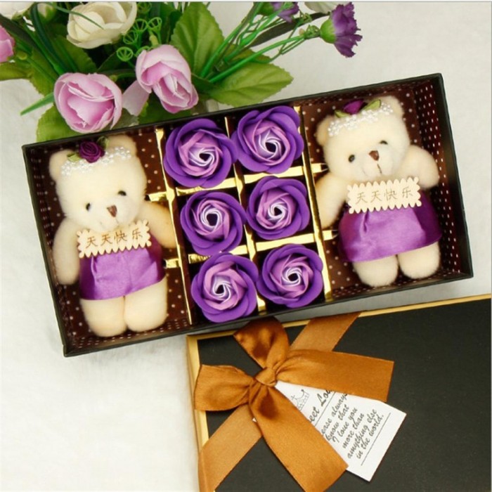 Creative gift soap flower holiday gift rose soap flower bear box 6 + 6 + double bear color pink + double bear